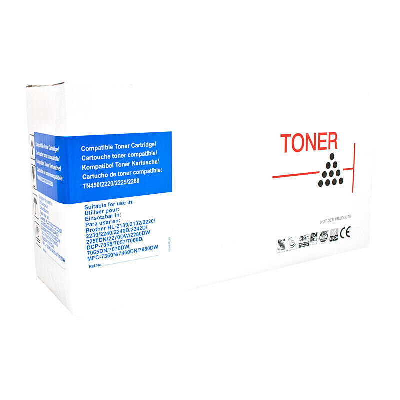 White Box compatible Brother TN2250 black toner cartridge for Brother printers, approximately 2600 page yield.