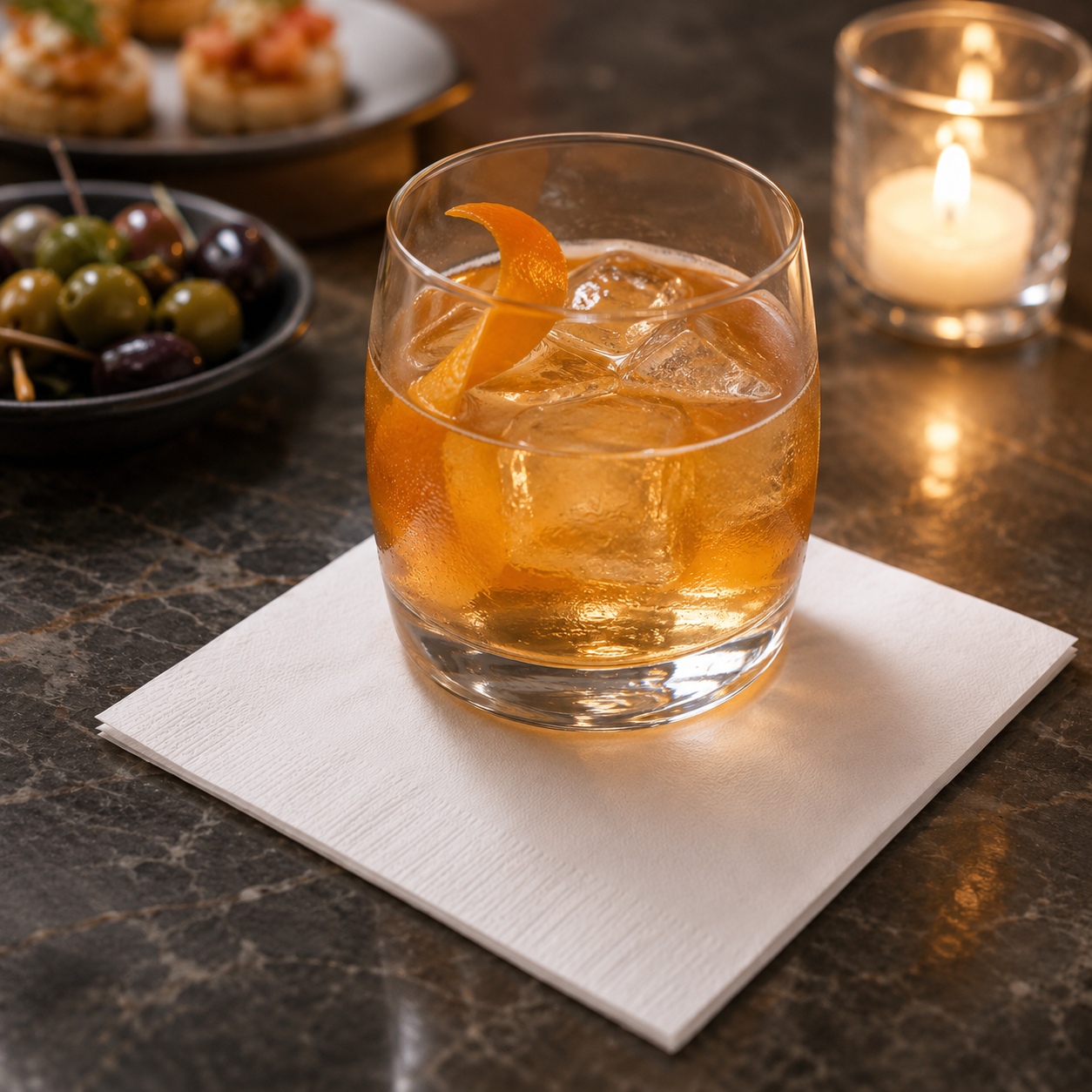 White cocktail napkin beneath an amber drink with orange garnish, styled on a marble tabletop with olives, appetisers and warm candlelight.