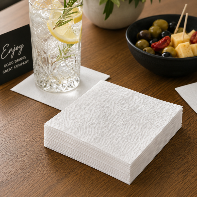 White cocktail napkins stacked on a wooden drinks table beside a glass with lemon, rosemary and shared snacks.