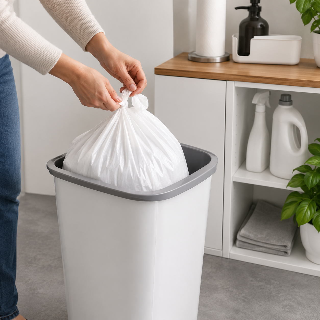 White kitchen tidy liner being tied closed in a household cleaning area beside a neat white waste bin.