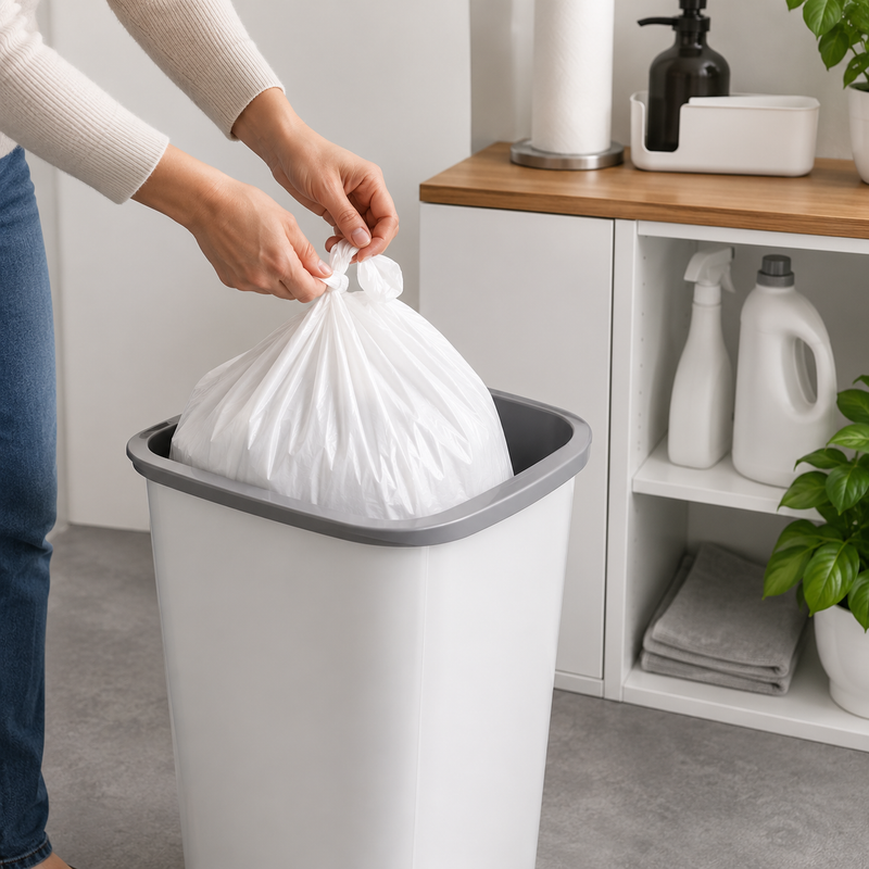 White kitchen tidy liner being tied closed in a household cleaning area beside a neat white waste bin.