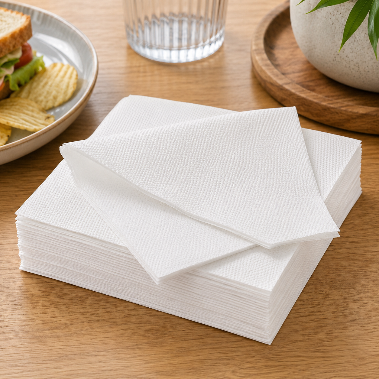White lunch napkins stacked on a wooden table beside a sandwich plate, glass and potted plant.