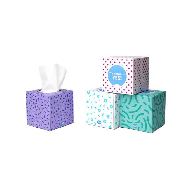 Who Gives A Crap Bamboo Facial Tissues 3-ply group shot showing multiple boxes from the carton of 12 on neutral background