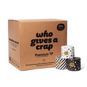 Who Gives A Crap Premium Bamboo Toilet Paper 3-ply carton of 48 double-length rolls front pack shot on white background