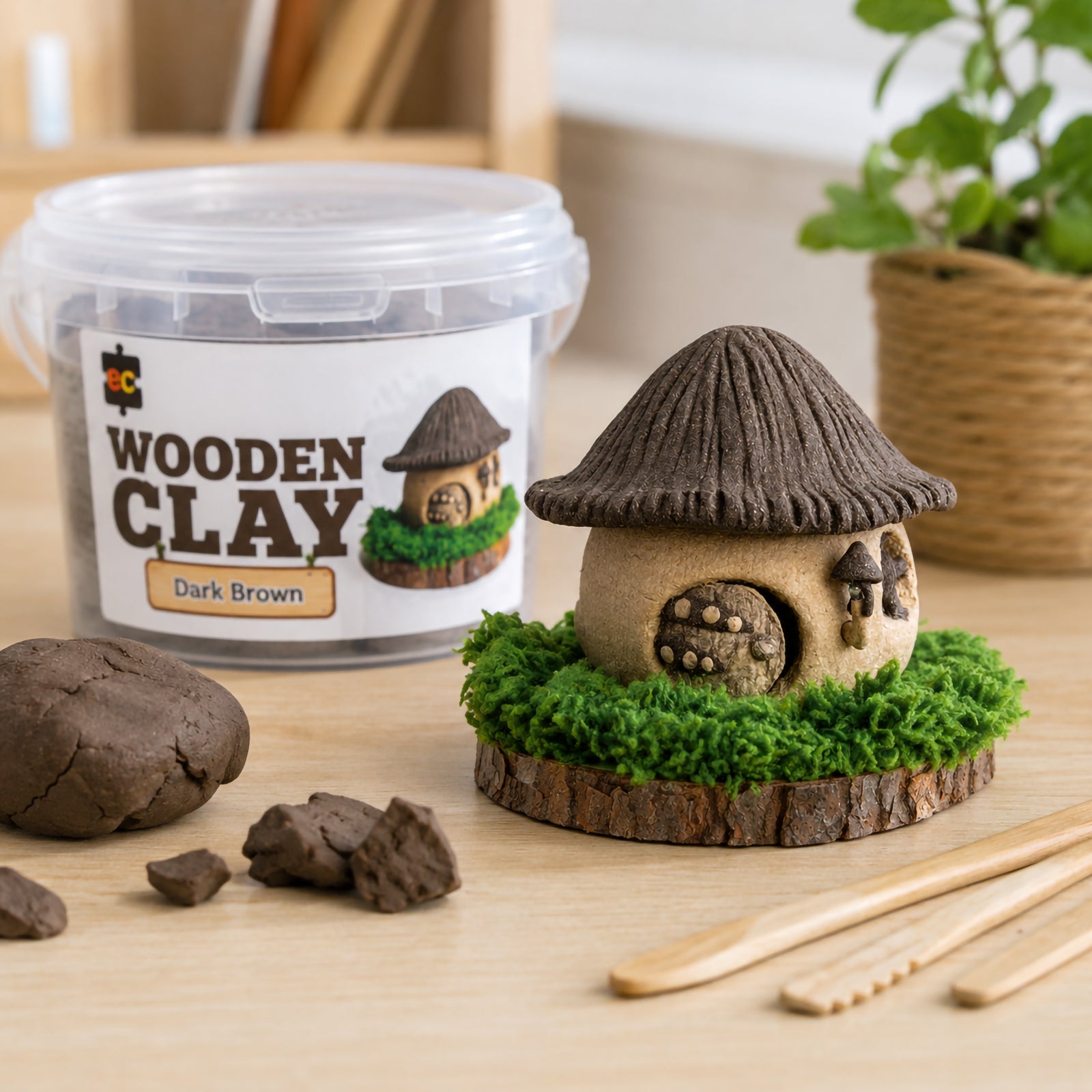 Dark Brown Wooden Clay in a resealable tub next to a detailed miniature fairy house with textured roofing and moss details. The image showcases the clay's ability to create realistic handcrafted decorative pieces with natural wood inspired effects.
