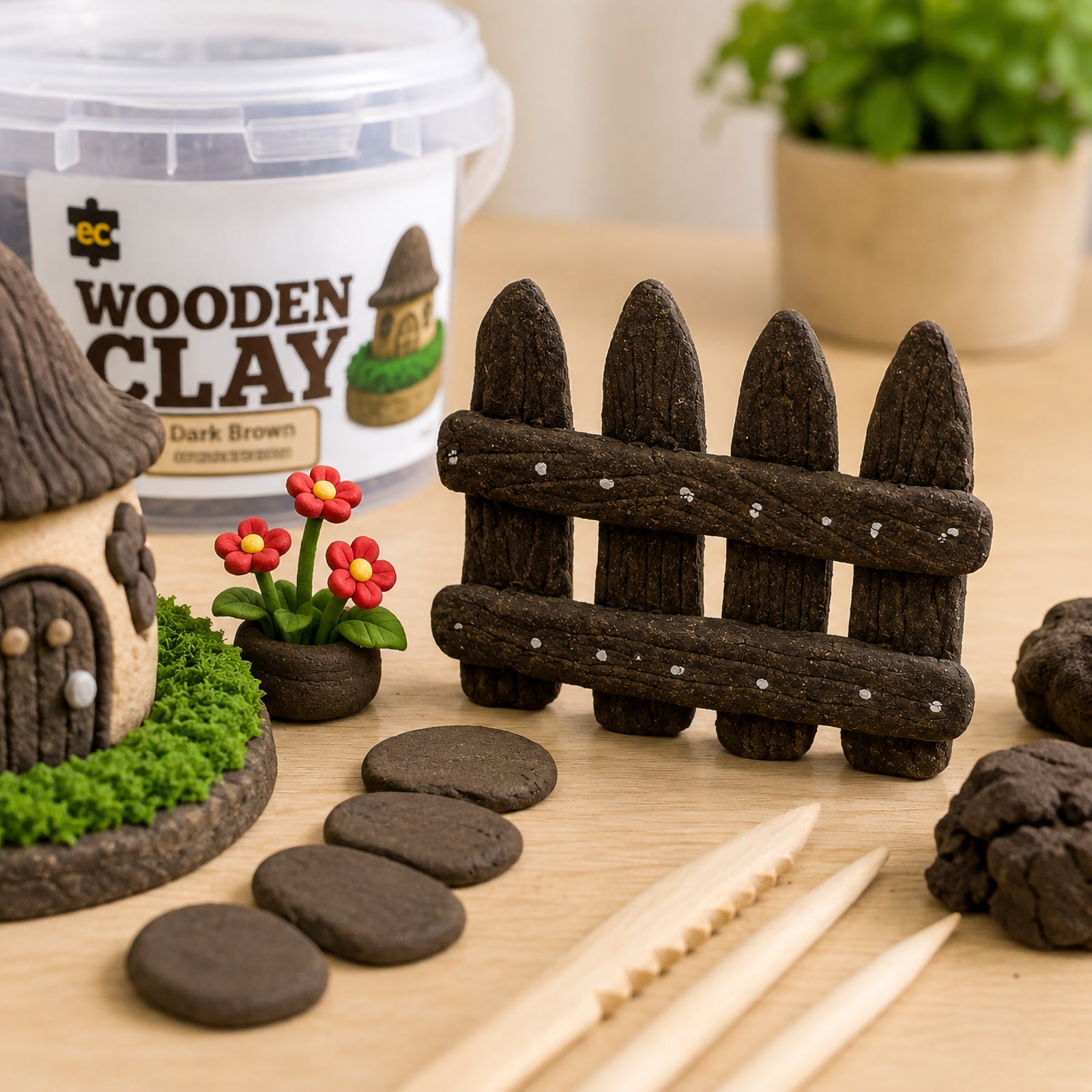 Educational Colours Wooden Clay Dark Brown displayed beside handmade rustic craft pieces including a wooden style fence, stepping stones and miniature flowers. The image highlights the clay's realistic wood texture and natural dark brown finish on a craft table with sculpting tools.