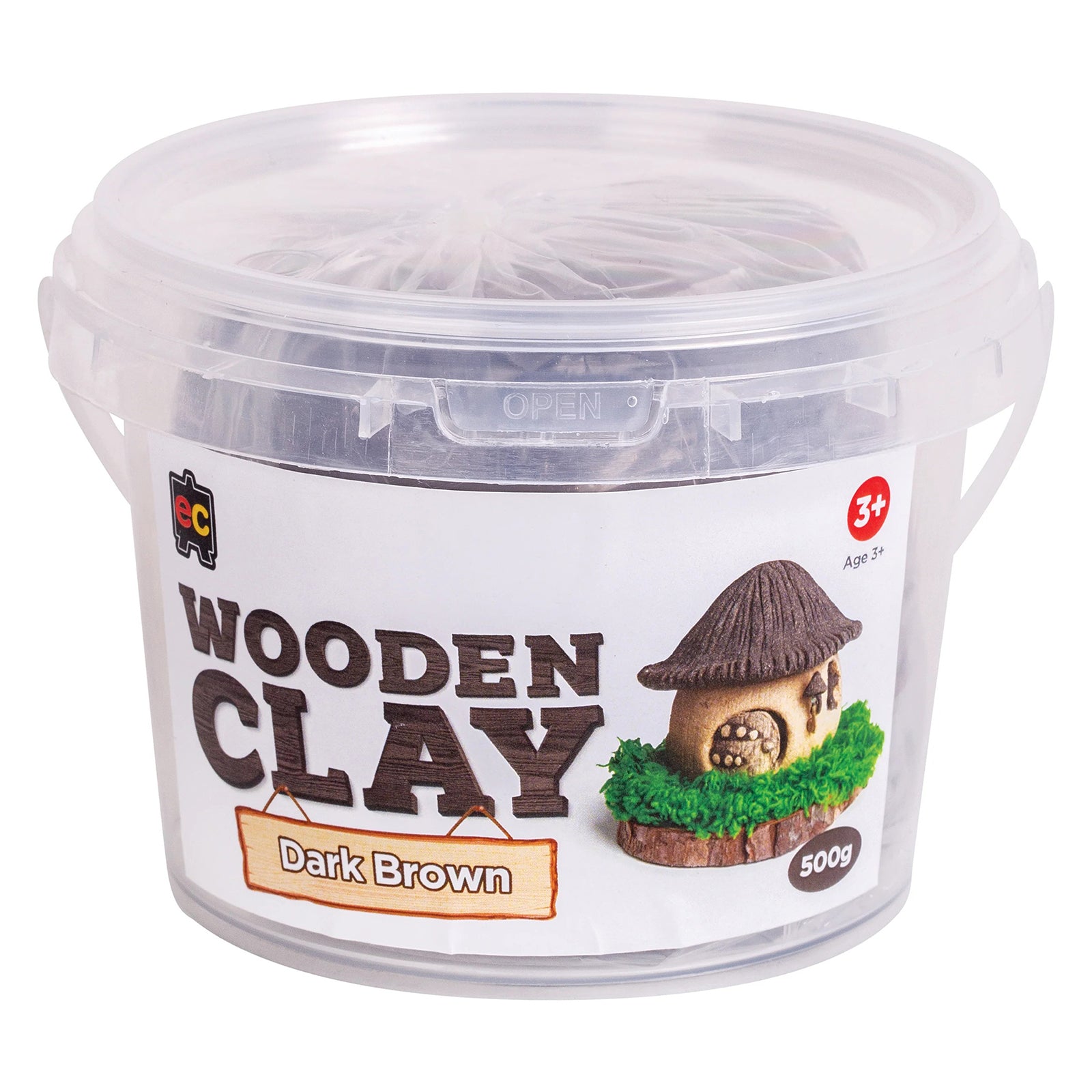 Product packaging of Educational Colours Wooden Clay 500g Dark Brown shown in a clear resealable tub. The label features a sample fairy house sculpture and highlights the natural wood inspired creative finish.
