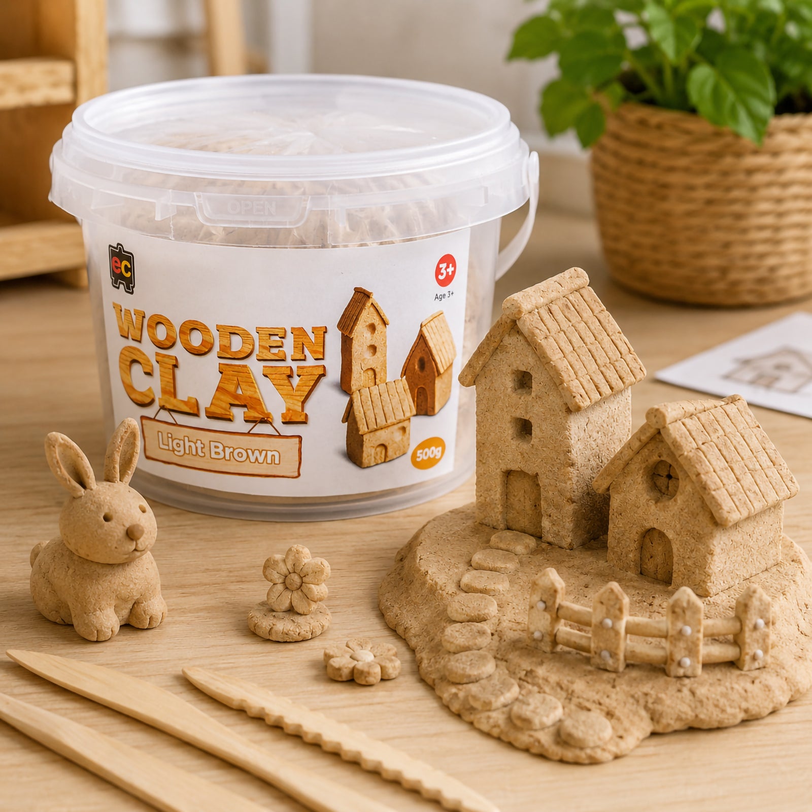 Wooden Clay 500g Light Brown tub surrounded by detailed handcrafted village models, a rabbit figure, flowers and miniature fencing. The display showcases the clay's versatility for fairy gardens, woodland scenes and decorative sculpting projects.