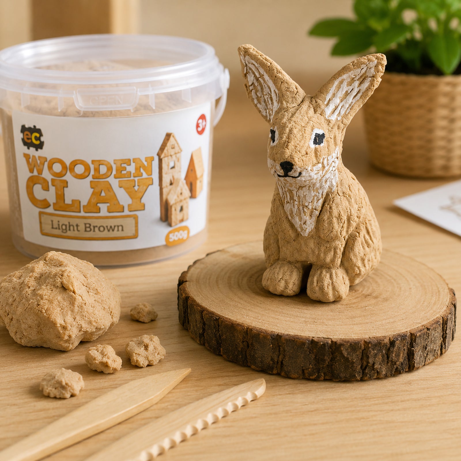 Educational Colours Wooden Clay Light Brown displayed beside a handcrafted rabbit sculpture with realistic textured detailing. The image highlights the clay's soft natural timber appearance and wood fibre texture alongside sculpting tools on a wooden craft table.