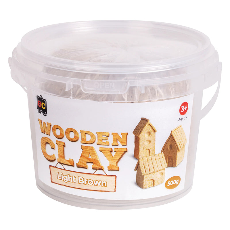 Product packaging of Educational Colours Wooden Clay 500g Light Brown displayed in a clear resealable tub. The label features miniature wooden style house creations and highlights the natural craft inspired finish of the clay.