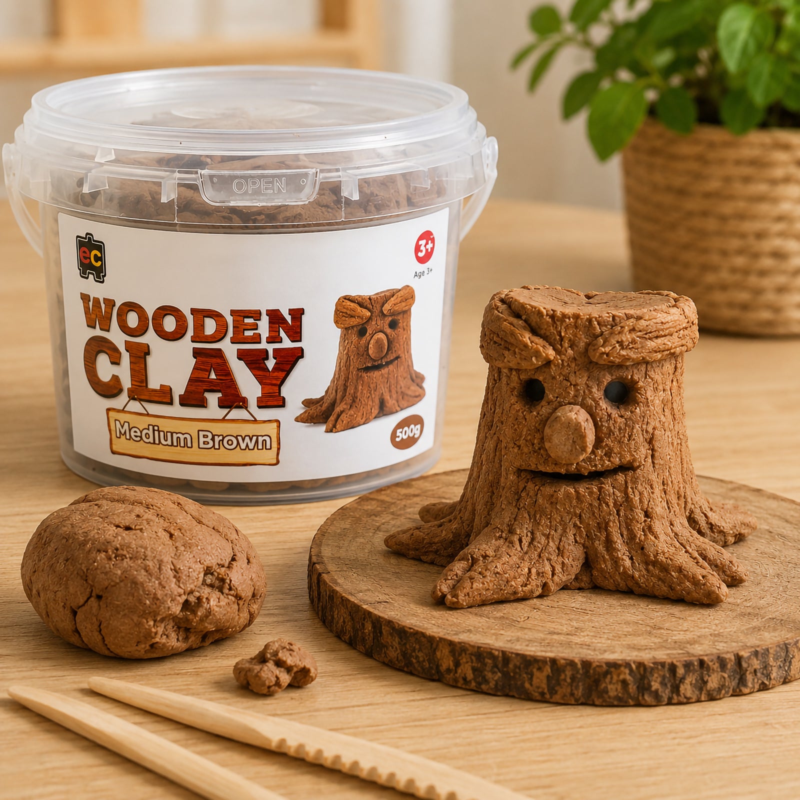 Medium Brown Wooden Clay shown with a handcrafted tree stump character sculpture featuring carved bark texture and expressive detailing. The image demonstrates the clay's ability to create rustic woodland themed decorative projects.