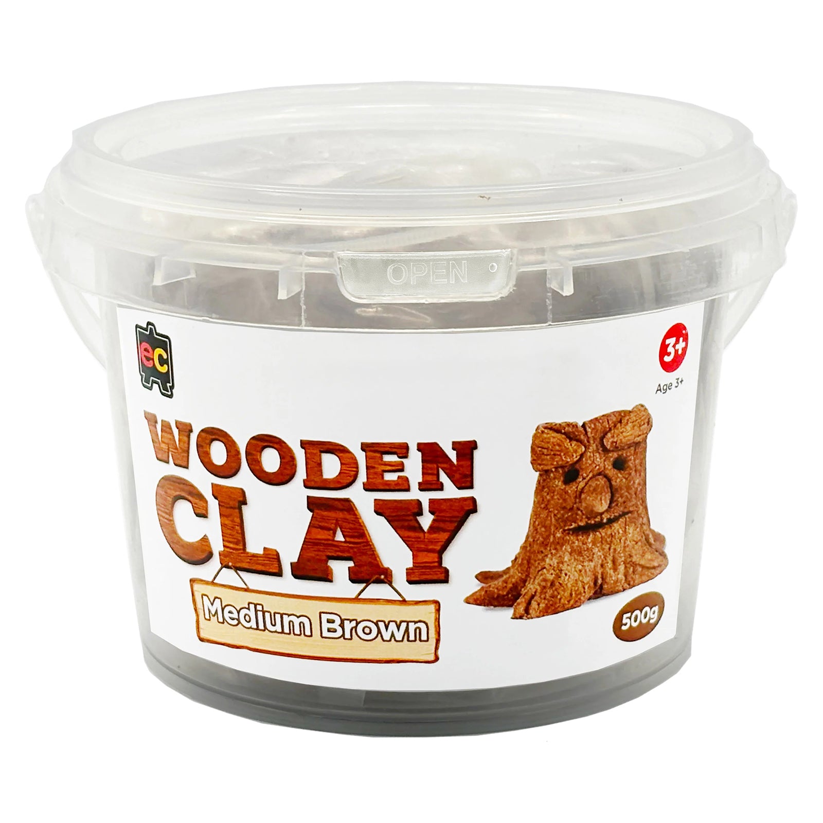 Product packaging of Educational Colours Wooden Clay 500g Medium Brown shown in a clear resealable tub. The label features rustic sculpted tree stump artwork and highlights the natural wooden texture effect of the clay.