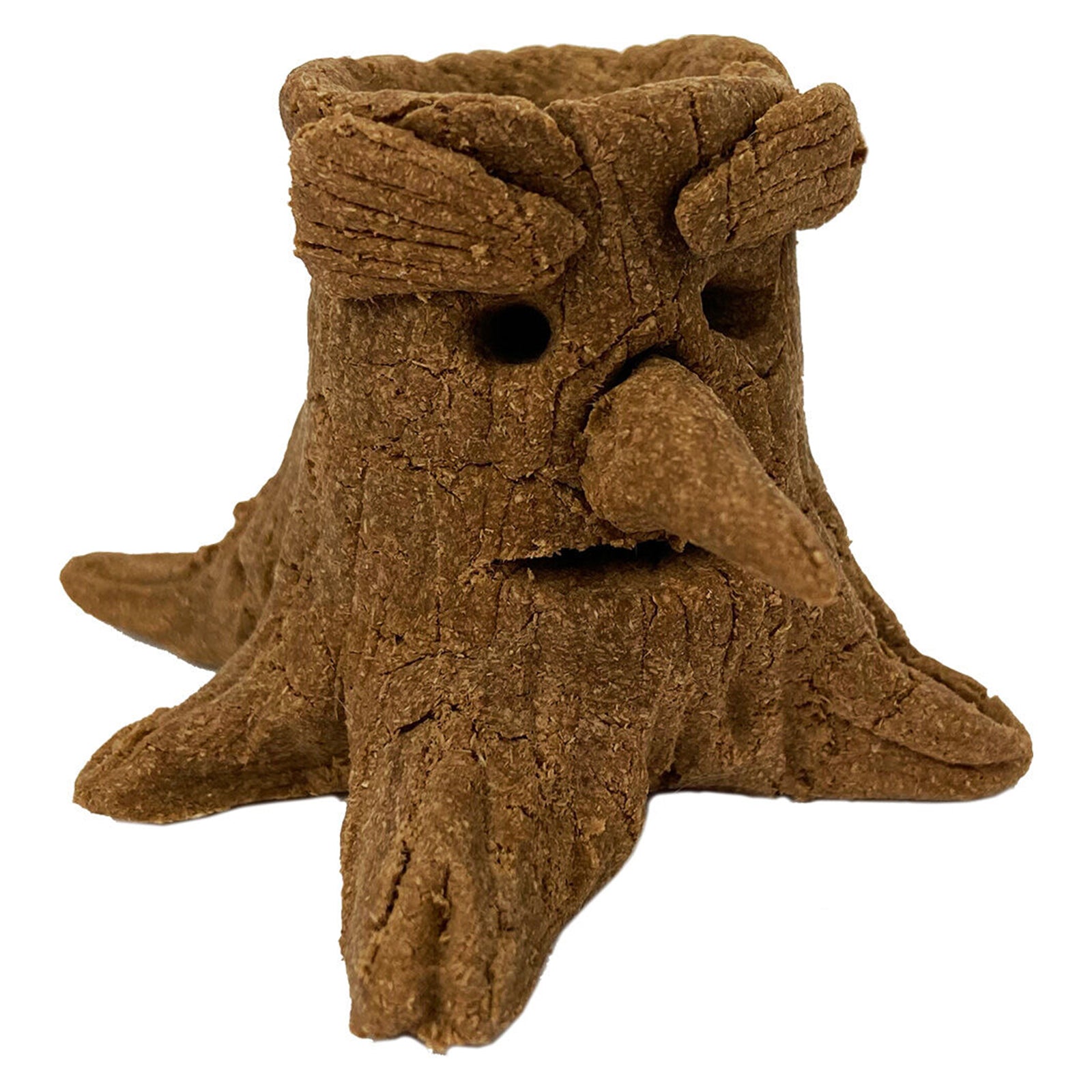 Handcrafted tree stump character sculpture created from Educational Colours Wooden Clay with textured bark detailing and rustic woodland styling. The image highlights the clay's authentic wood inspired appearance after shaping.