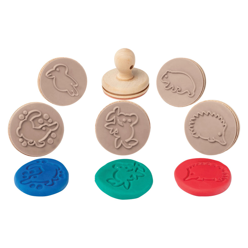 Individual Australian animal dough stamps and colourful dough impressions displayed on a clean white background showing the detailed stamp patterns and sensory play possibilities for children.