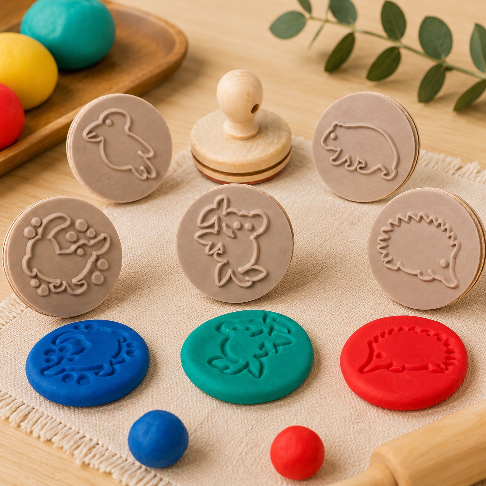 Close up view of Educational Colours Australian animal wooden dough stamps displayed on a soft fabric mat with colourful dough impressions showing koala, echidna, platypus, wombat, and kookaburra designs for sensory learning activities.