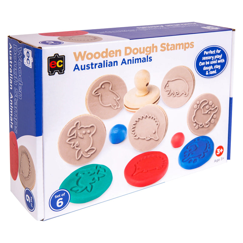 Product packaging for Educational Colours Wooden Dough Stamps Animals set featuring six Australian wildlife themed stamps designed for dough, clay, and sensory sand activities for early learners.