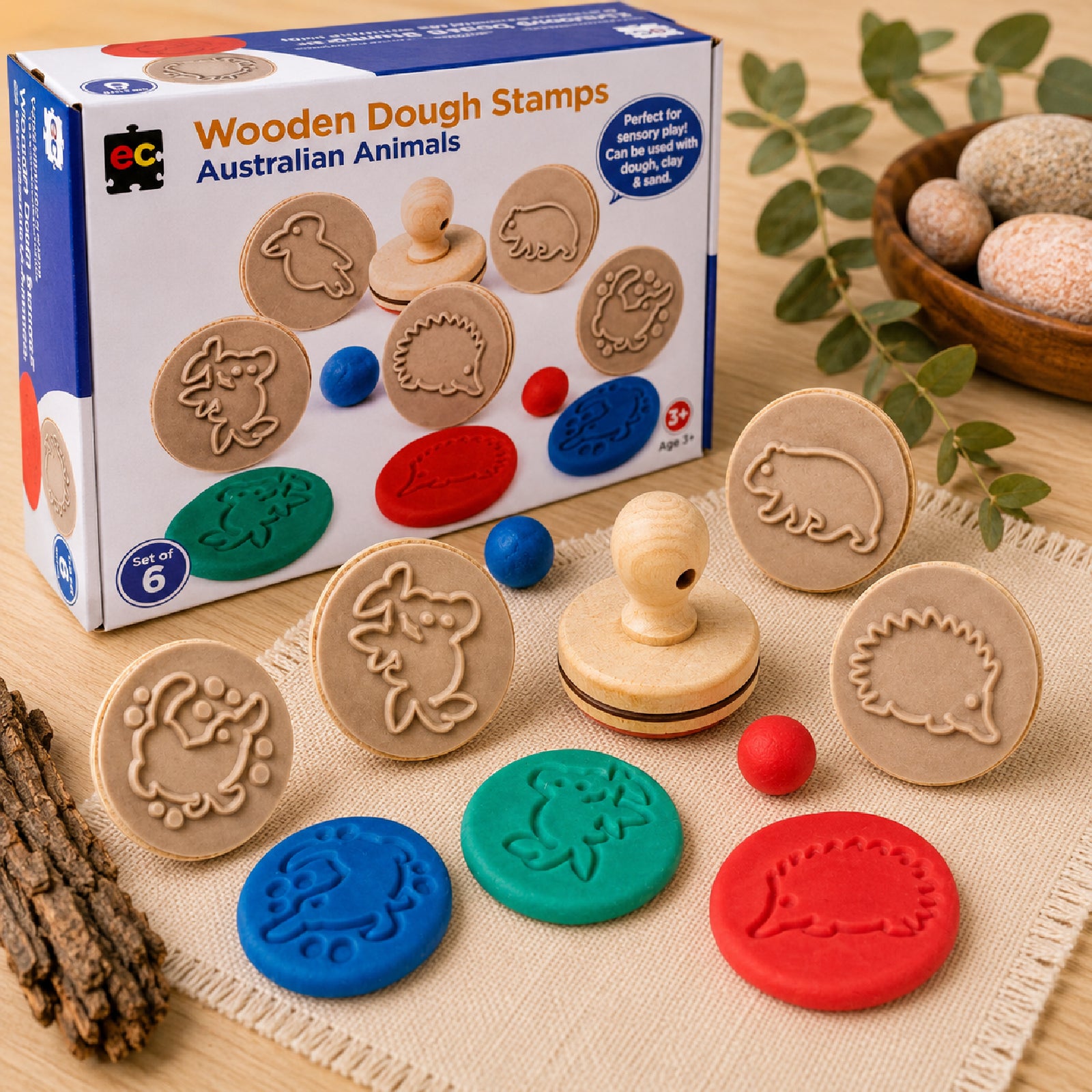 Complete Wooden Dough Stamps Animals set with retail packaging, wooden handled stamp tools, and bright sensory dough pieces arranged for tactile classroom play and Australian wildlife themed creative exploration.