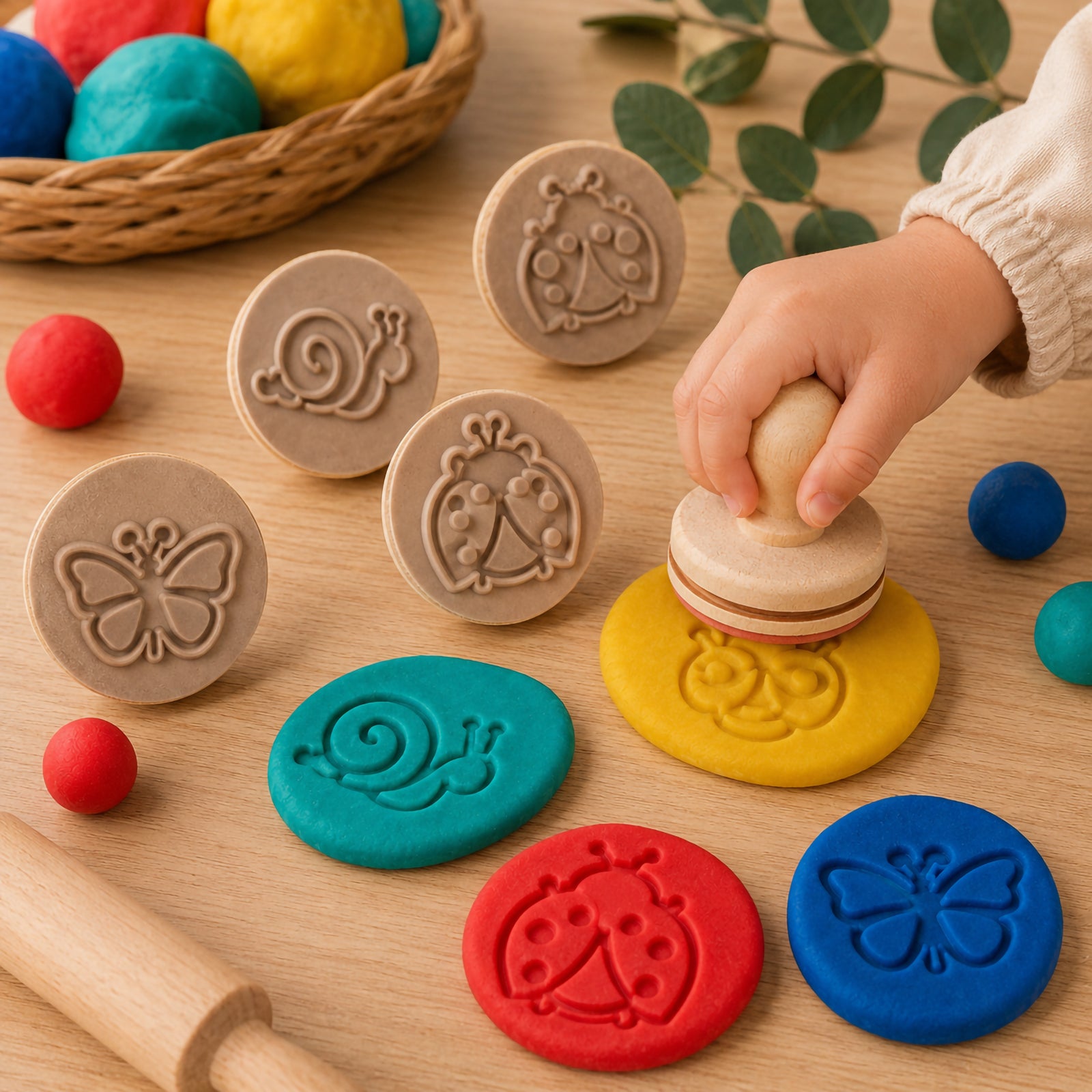 Child using Educational Colours Wooden Dough Stamps Bugs set to press insect designs into colourful sensory dough on a wooden play table surrounded by bug themed stamps and play materials.