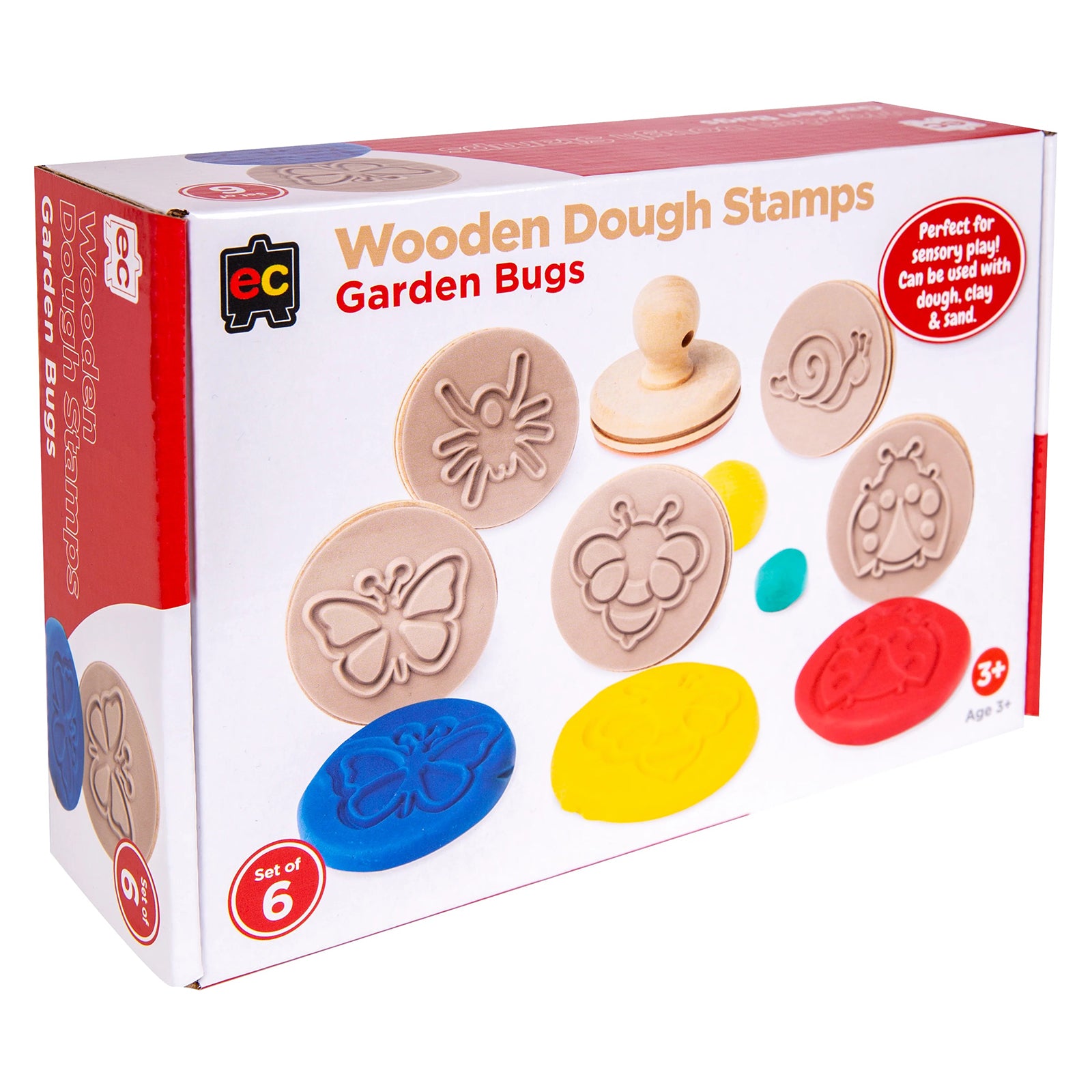 Retail packaging for Wooden Dough Stamps Bugs set featuring illustrated insect stamp designs and colourful dough examples suitable for classroom and home sensory play activities.