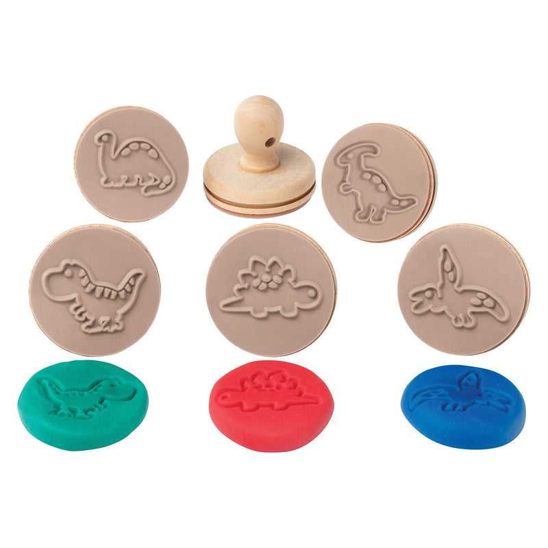 Close up of Wooden Dough Stamps Dinosaurs set featuring six wooden dinosaur stamp designs alongside colourful dough impressions for tactile educational play.
