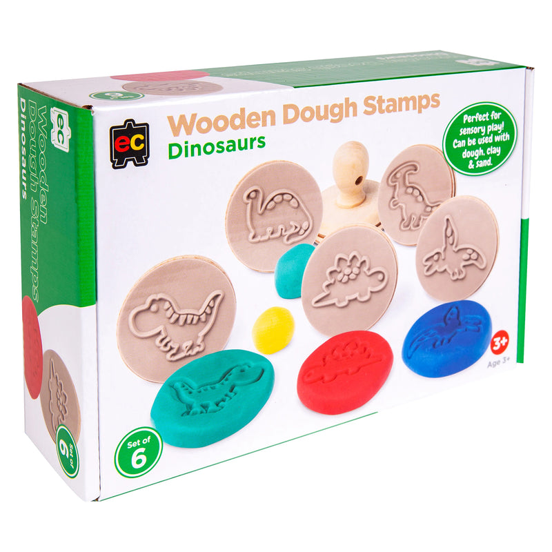 Retail packaging of Educational Colours Wooden Dough Stamps Dinosaurs showing dinosaur themed sensory stamps suitable for dough, clay, and sand activities.