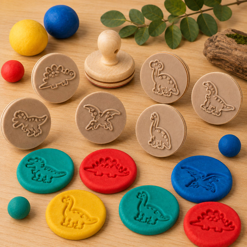Educational Colours Wooden Dough Stamps Dinosaurs displayed with colourful dough impressions featuring prehistoric dinosaur designs arranged on a wooden table for sensory play activities.