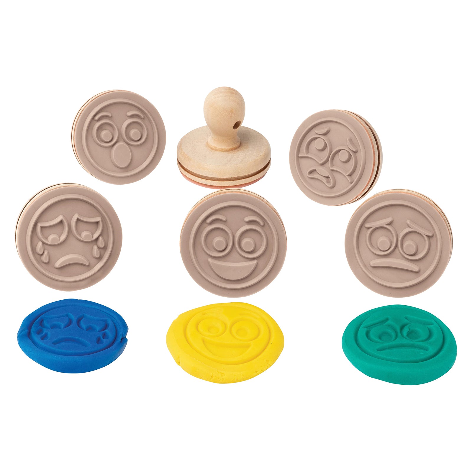 Educational Colours emotion themed wooden dough stamp set featuring six expressive face designs alongside colourful dough impressions for tactile sensory play and emotional learning activities.