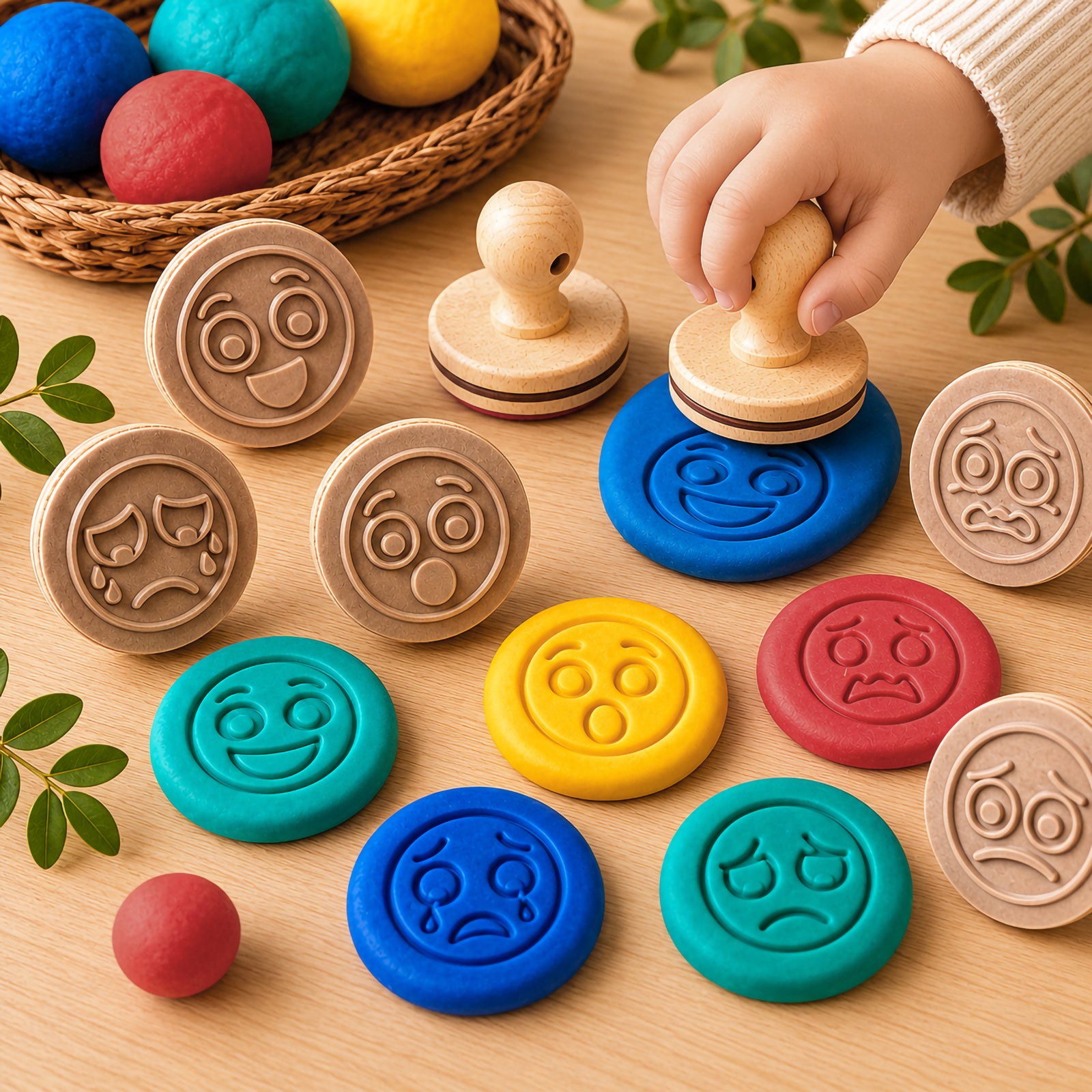 Child using Educational Colours Wooden Dough Stamps Emotions with colourful modelling dough on a wooden table during sensory learning and emotional development play activities.