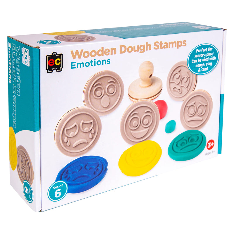 Sensory play setup with Wooden Dough Stamps Emotions showing reusable wooden stamps, colourful dough shapes, and emotion themed impressions for social emotional learning and creative play.