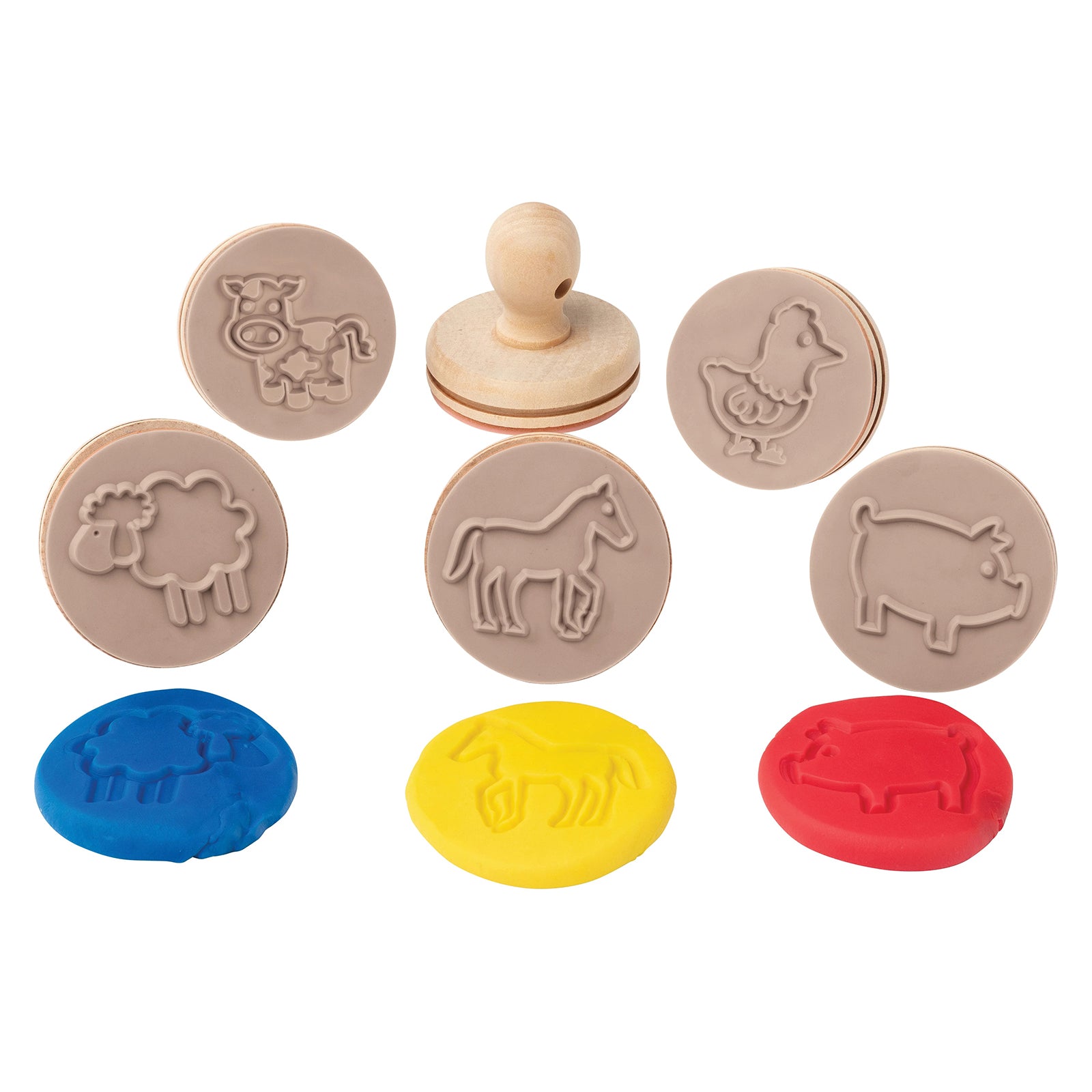 Product display of wooden farm animal dough stamps featuring sheep, pig, horse, cow and chicken designs with matching dough impressions underneath. The clean presentation highlights the detailed stamp patterns and child friendly wooden handles.