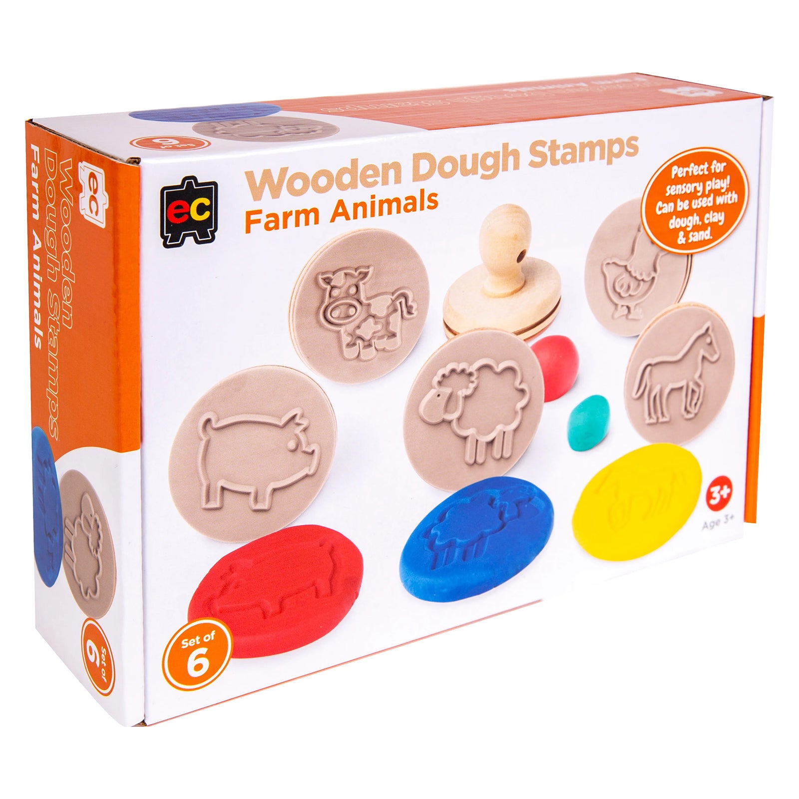 Retail packaging for Educational Colours Wooden Dough Stamps Farm Animals set showing colourful dough impressions and wooden animal stamps. The packaging emphasises sensory play use with dough, clay and sand for children aged 3 years and above.