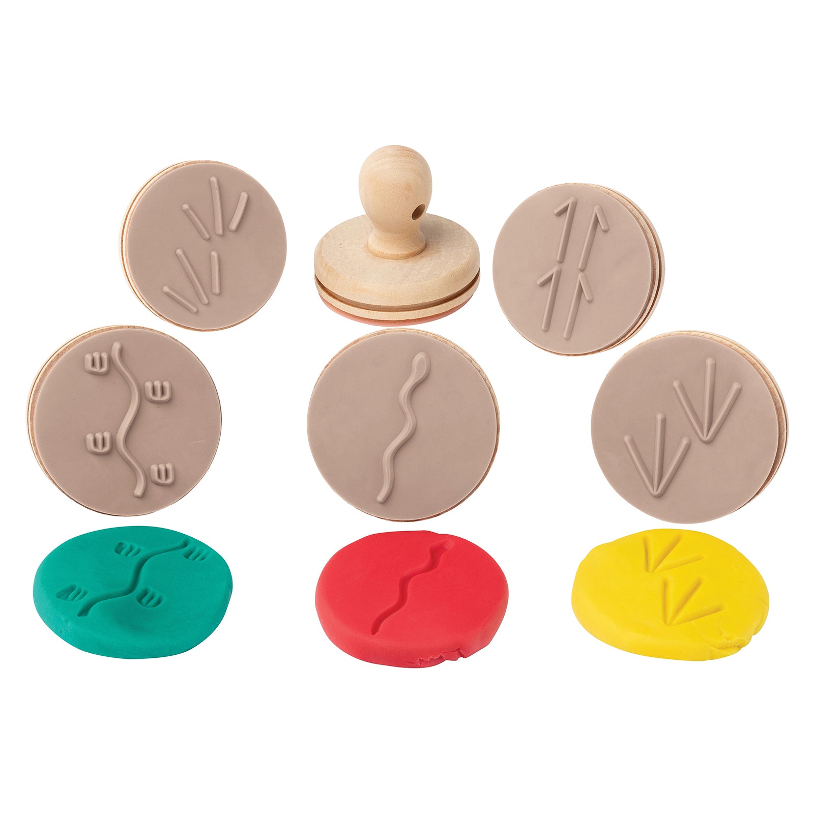 Wooden dough stamp set featuring Indigenous Australian animal track symbols arranged beside colourful sensory dough, markers, and tactile stamp impressions for creative classroom and early learning activities.