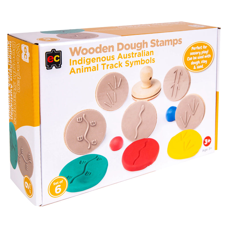 Product packaging and complete Educational Colours Indigenous Ani Track dough stamp set displayed with dough impressions showing tactile animal track patterns suitable for sensory play and cultural learning activities.