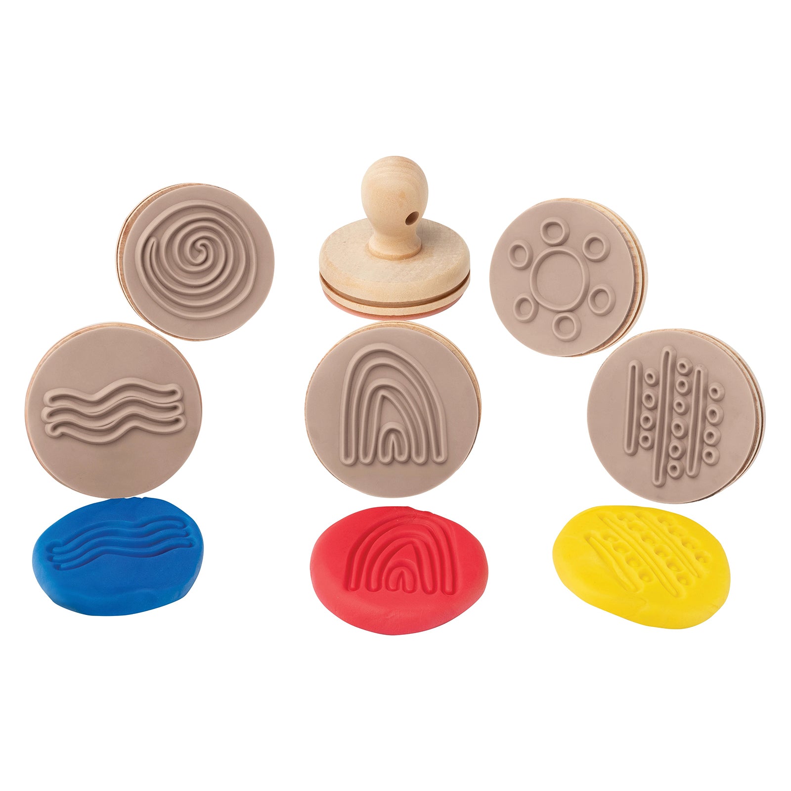 Educational Colours Wooden Dough Stamps Indigenous Australian Nature Symbols set featuring wooden sensory stamps with nature inspired symbol patterns including rainbow, waterhole, smoke, rain and mountain designs alongside colourful dough impressions for creative sensory play.