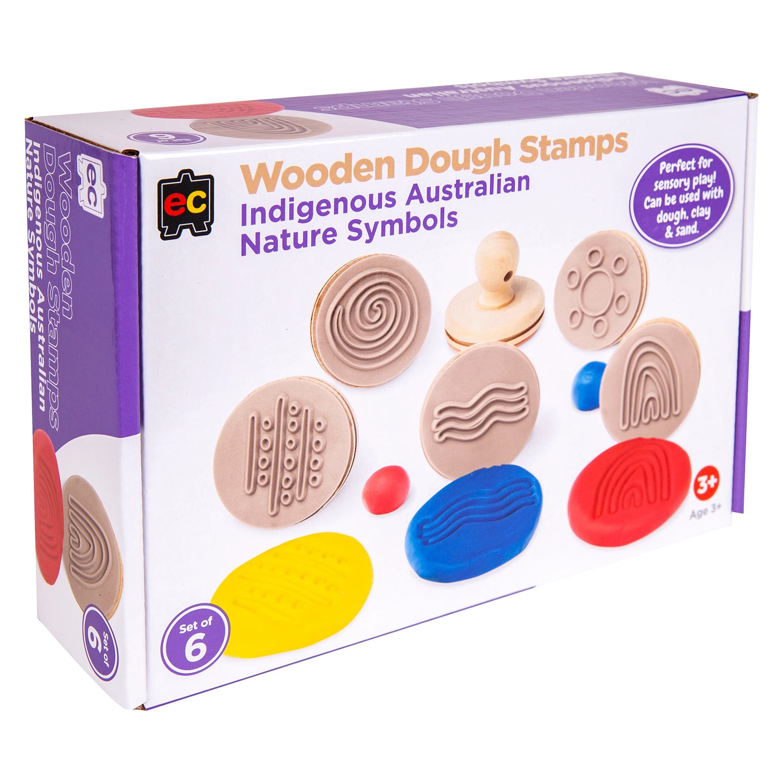 Retail packaging for Educational Colours Wooden Dough Stamps Indigenous Australian Nature Symbols set displaying wooden stamps and colourful dough impressions. The packaging highlights sensory play suitability for dough, clay and sand while promoting cultural learning and creative exploration for children.