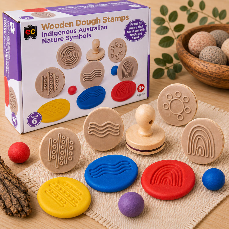 Educational Colours Wooden Dough Stamps Indigenous Australian Nature Symbols set displayed with retail packaging, wooden symbol stamps and colourful dough impressions on a textured mat. The image highlights sensory activities and cultural learning through tactile play for children.