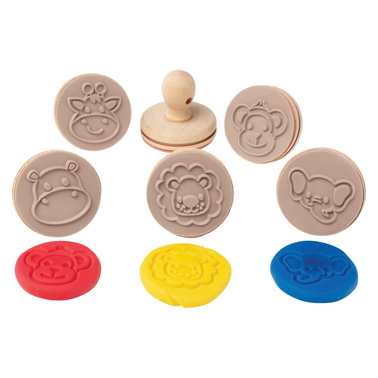 Product display featuring wooden jungle animal dough stamps with monkey, lion, elephant, hippo and giraffe designs alongside colourful dough impressions. The image showcases the detailed stamp patterns and child friendly wooden handles.
