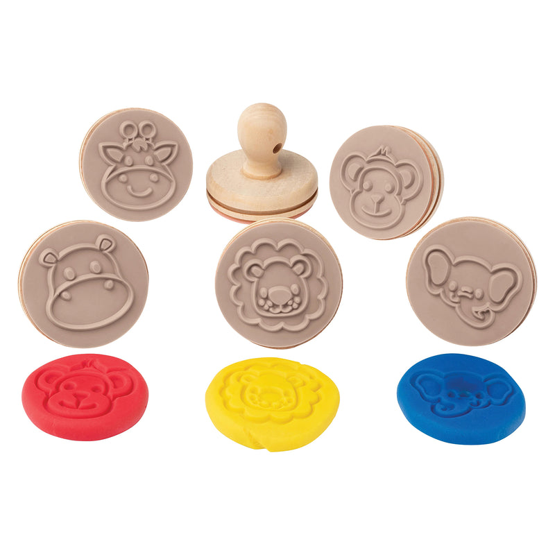 Product display featuring wooden jungle animal dough stamps with monkey, lion, elephant, hippo and giraffe designs alongside colourful dough impressions. The image showcases the detailed stamp patterns and child friendly wooden handles.