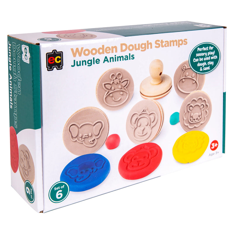 Retail packaging for Educational Colours Wooden Dough Stamps Jungle Animals set showing jungle animal stamp designs and colourful dough impressions. The packaging highlights sensory play suitability for dough, clay and sand activities for children aged 3 years and above.