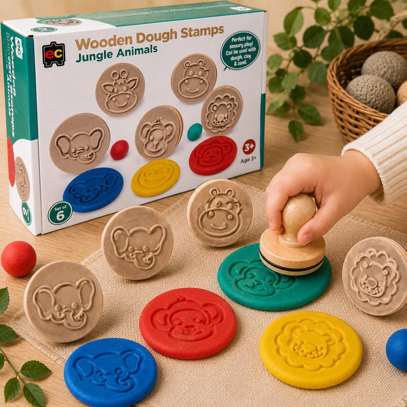 Educational Colours Wooden Dough Stamps Jungle Animals set displayed with packaging, wooden animal stamps and colourful dough impressions on a textured mat. The image highlights interactive sensory learning and jungle themed creative play for children.