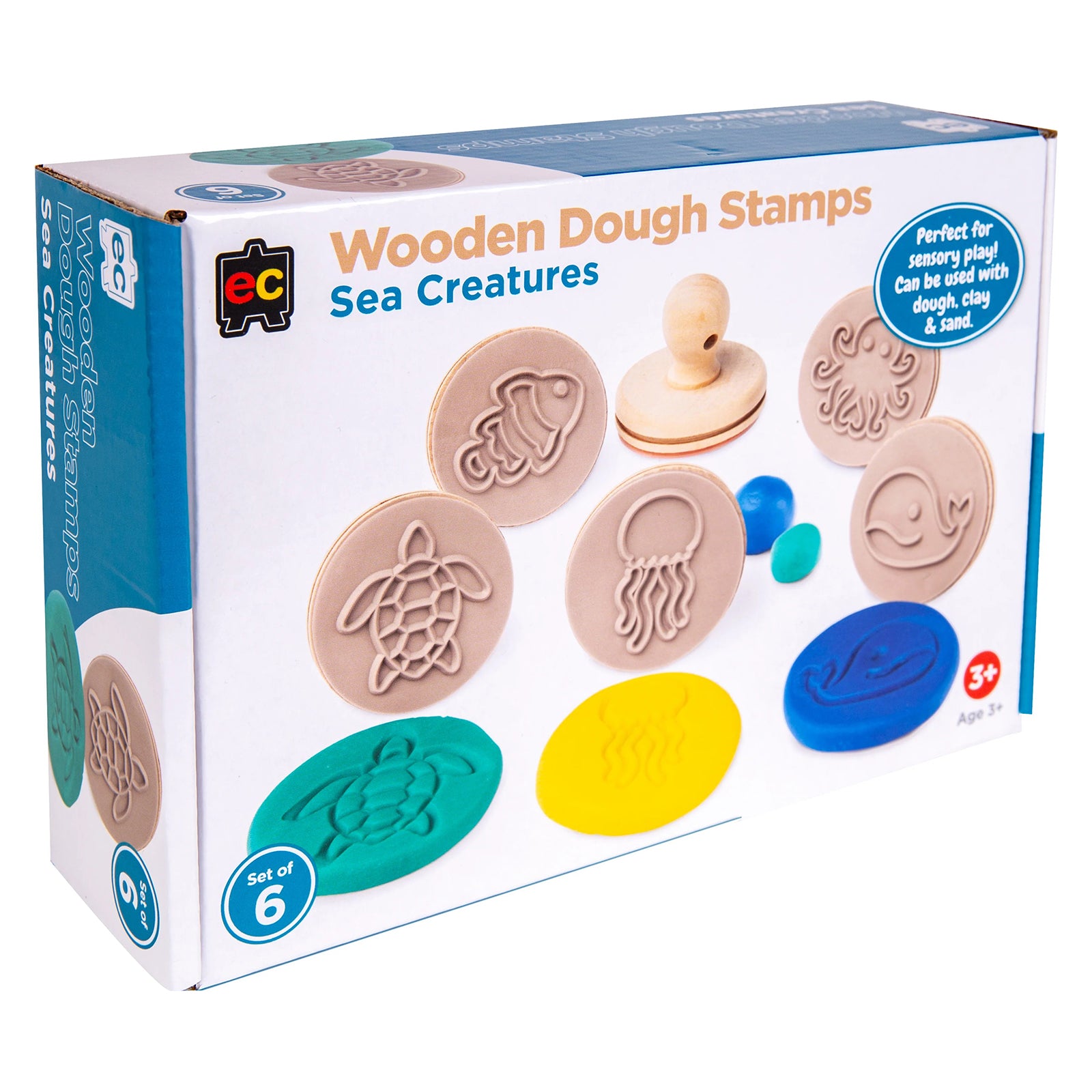 Retail packaging for Educational Colours Wooden Dough Stamps Sea Creatures set showing marine themed wooden stamps and colourful dough impressions suitable for dough, clay and sand activities for children aged 3 years and above.