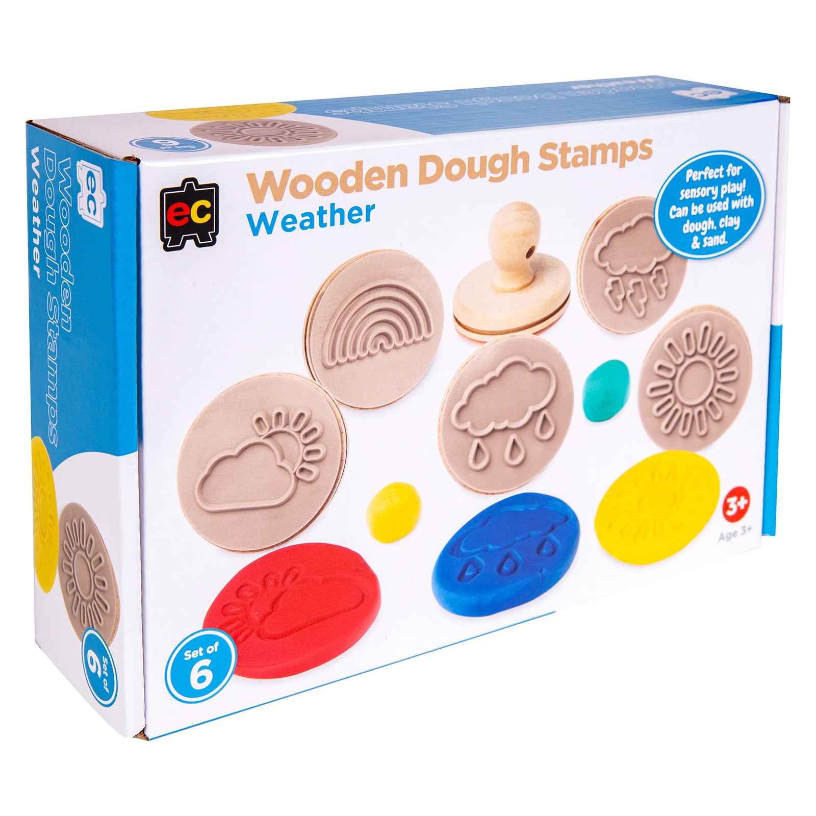 Educational Colours Wooden Dough Stamps Weather packaging displayed alongside wooden weather stamps and vibrant dough impressions in a natural play environment. The setup demonstrates educational sensory play for preschool and early learning activities.