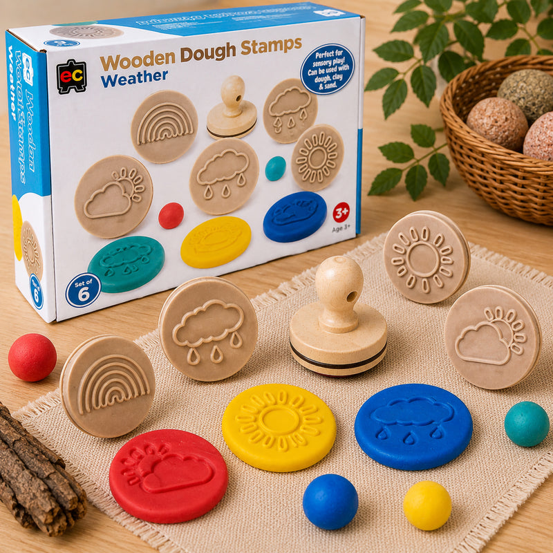 Educational Colours Wooden Dough Stamps Weather set shown with retail packaging, wooden handled stamps and bright dough impressions on a sensory play mat. The weather themed symbols support creative classroom activities, sensory learning and early weather recognition.