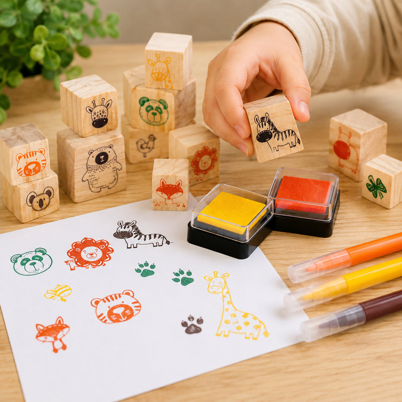 Child using Educational Colours Wooden Stamp Set All About Animals with wooden animal stamps, colourful ink pads, and markers to create stamped animal artwork on white paper during a creative craft activity.