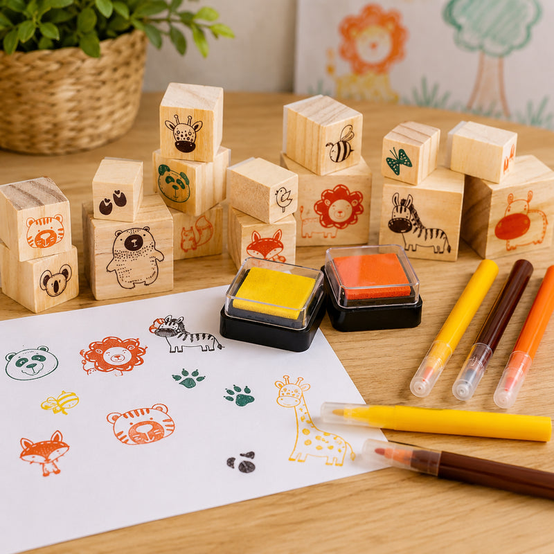 Close up display of wooden animal stamps with colourful ink pads and markers arranged beside stamped animal designs including giraffes, lions, zebras, and foxes on a tabletop craft setup.