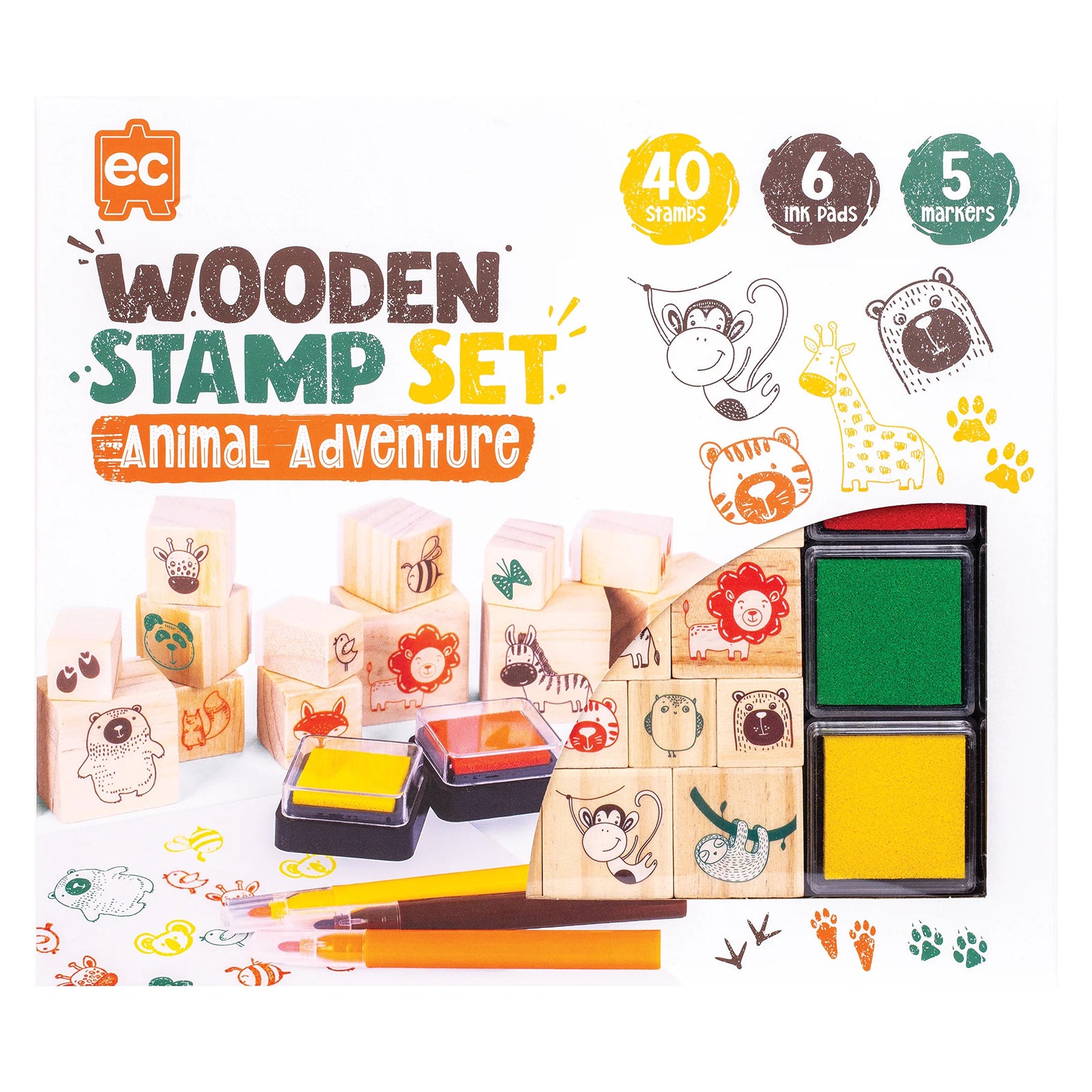 Product packaging for Educational Colours Wooden Stamp Set All About Animals highlighting included wooden stamps, colourful ink pads, and markers designed for creative storytelling and educational play.