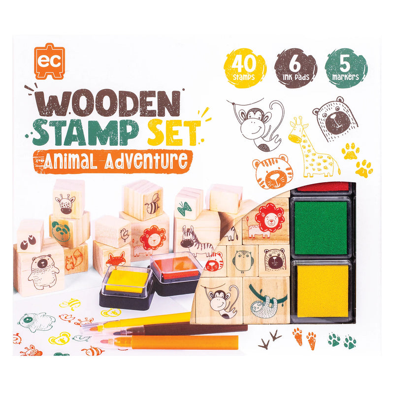 Product packaging for Educational Colours Wooden Stamp Set All About Animals highlighting included wooden stamps, colourful ink pads, and markers designed for creative storytelling and educational play.