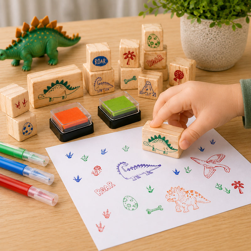 Child using the Educational Colours Wooden Stamp Set Dinosaurs to create colourful prehistoric artwork with dinosaur stamps, ink pads, and markers on a wooden tabletop during creative play.