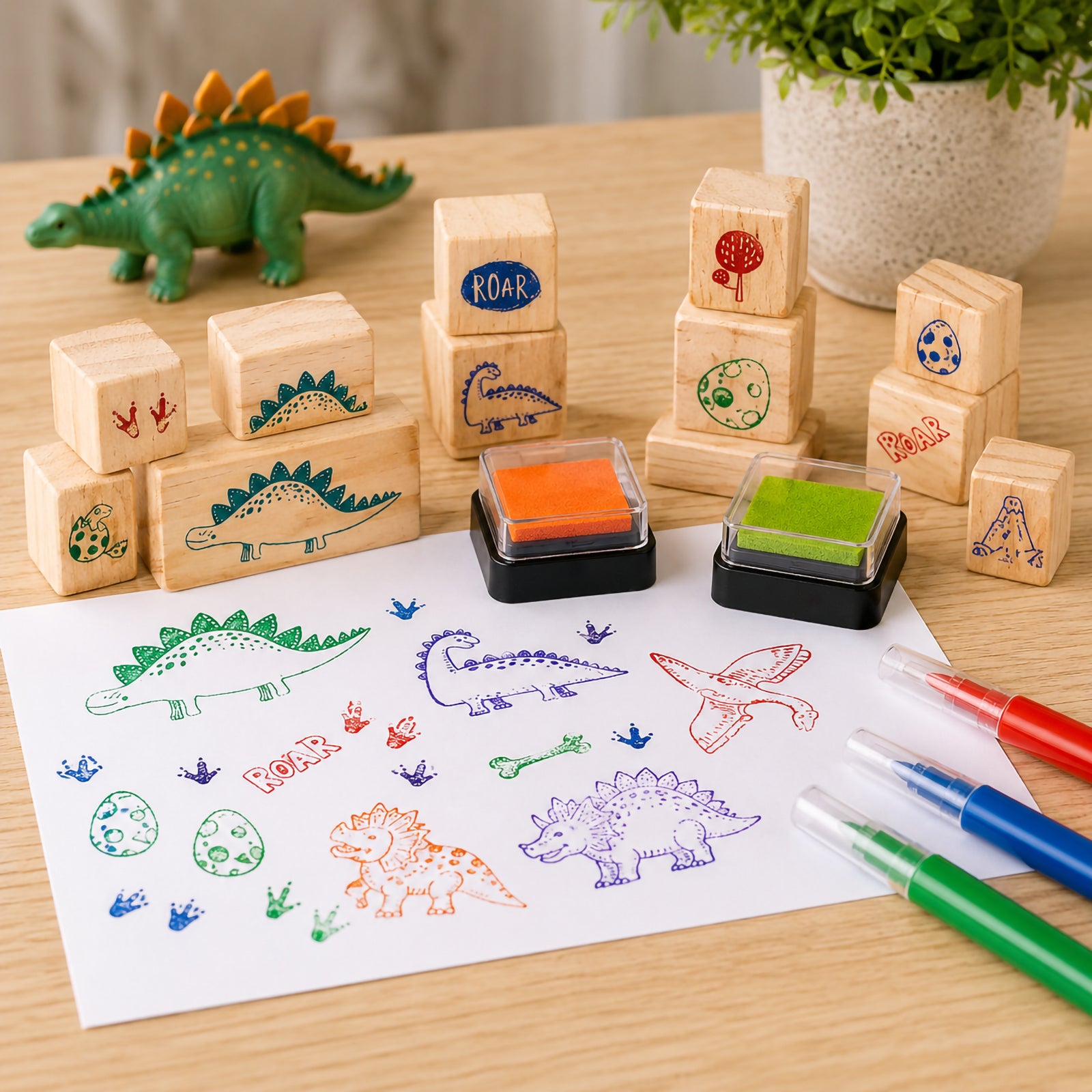 Dinosaur themed wooden stamps arranged beside bright ink pads and colourful stamped dinosaur artwork featuring footprints, eggs, and prehistoric creatures for imaginative craft activities.