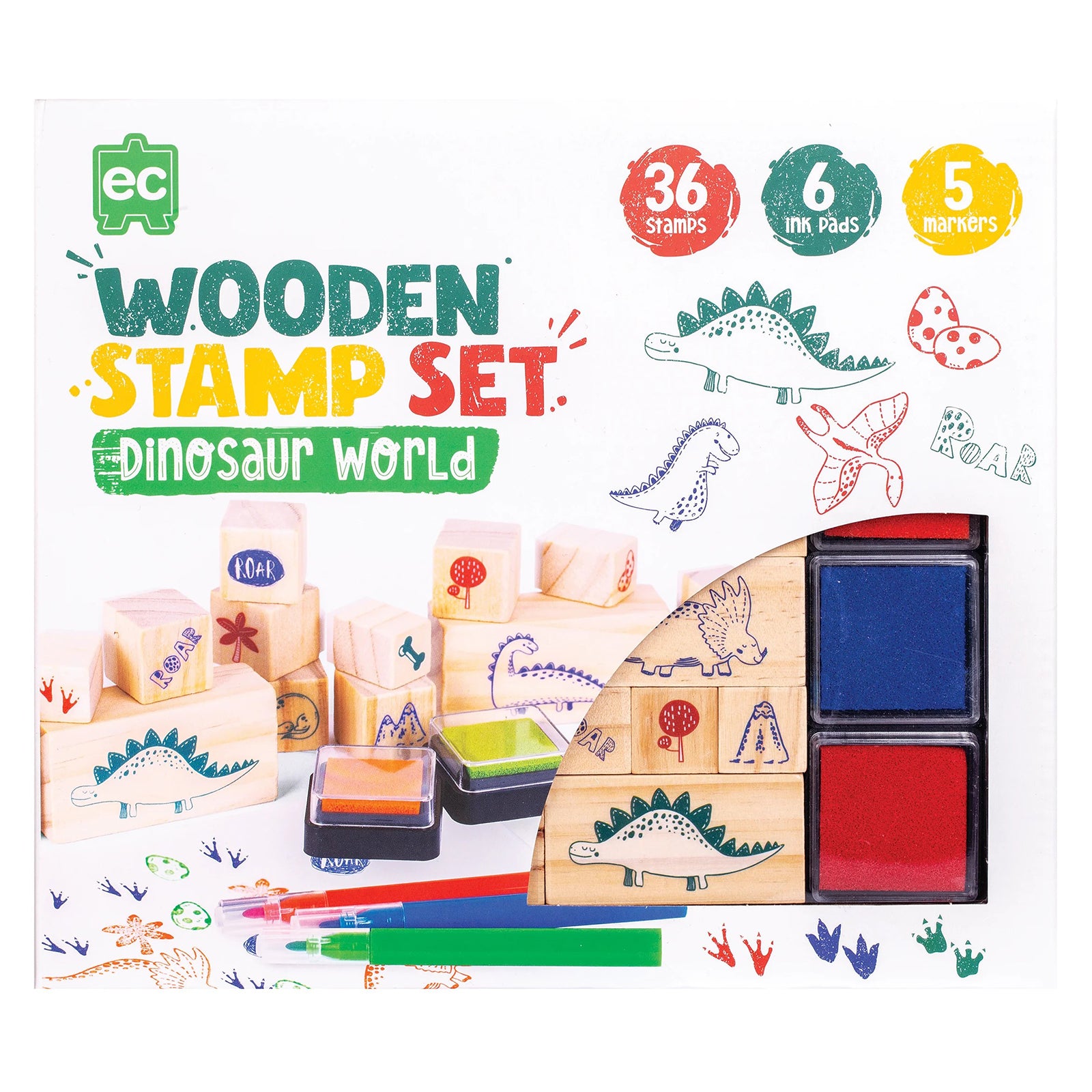 Retail packaging for the Educational Colours Wooden Stamp Set Dinosaurs showing colourful dinosaur stamps, ink pads, and creative prehistoric artwork designed for children’s learning and play.